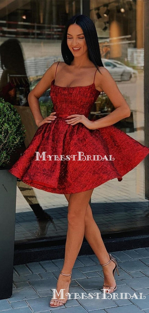 Charming Spaghetti Strap Red Lace A-line Short Cheap Homecoming Dresses, HDS0019