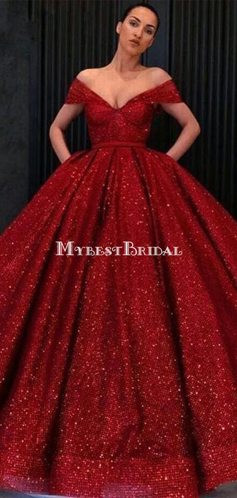 Off Shoulder Red Sparkly Ball Gown Cheap Long Evening Prom Dresses, Cheap Custom Sweet 16 Dresses, PDS0078