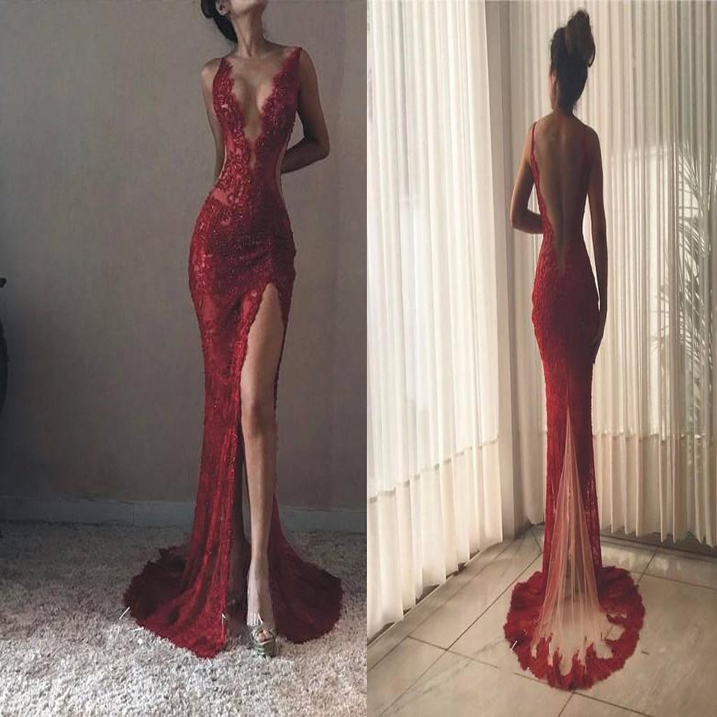Sexy Backless Red Lace Side Slit Deep V Neckline Mermaid Long Evening Prom Dresses. PDY0224