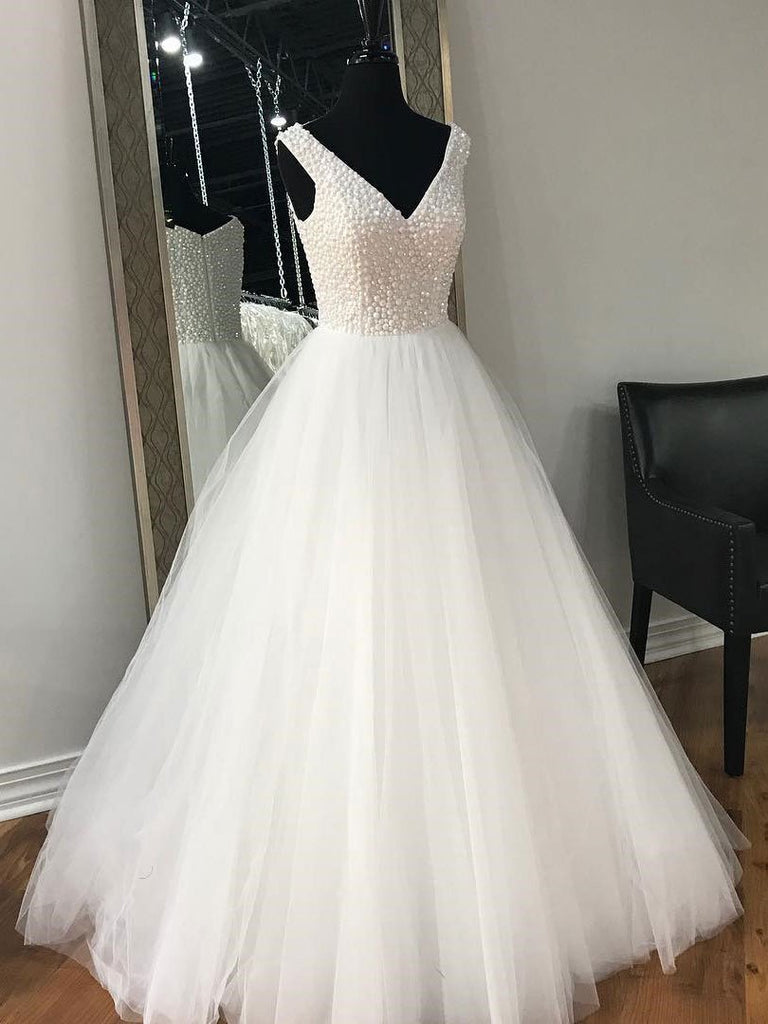 V Neck White Rhinestone Cheap A-line Custom Wedding Dresses Online, WDY0217