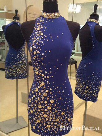 Royal Blue High Neck Tight Short Homecoming Dresses With Beaded, TYP0041