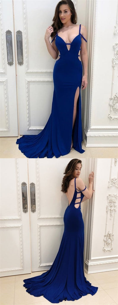 Royal Blue Mermaid Side Slit Prom Dresses, Sexy Long Prom Dresses, BG0443