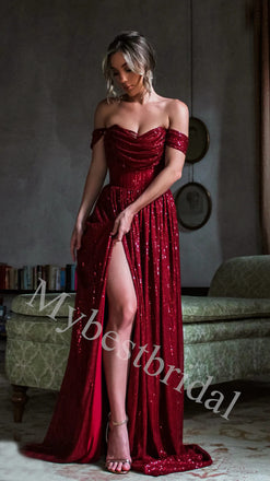 Elegant Strapless Off shoulder Side slit A-line Long Prom Dress,PDS1080