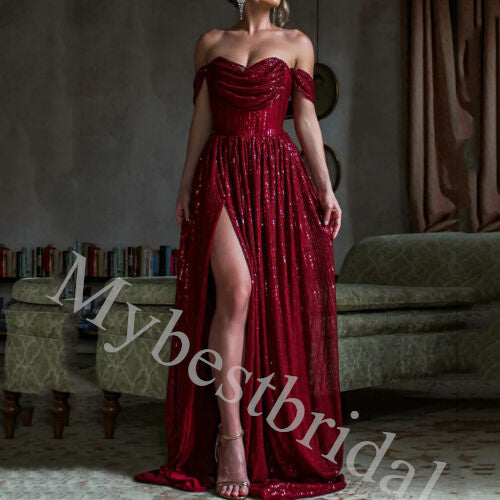 Elegant Strapless Off shoulder Side slit A-line Long Prom Dress,PDS1080