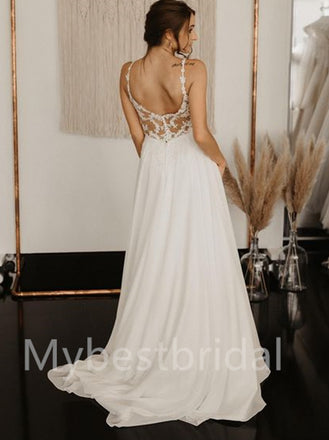 Simple V-neck Spaghetti straps Backless A-Line Lace Wedding Dresses, WDY0189