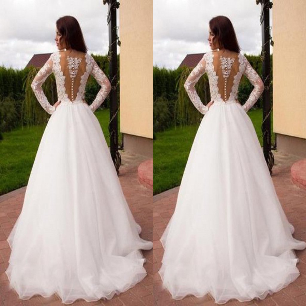 Princess A-Line V-Neck Tulle Ivory Long Sleeves Wedding Dresses,Dresses For Wedding Party ,WDY0163