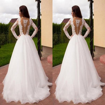 Princess A-Line V-Neck Tulle Ivory Long Sleeves Wedding Dresses,Dresses For Wedding Party ,WDY0163