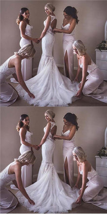 Mermaid Spaghetti Straps Long Pink Bridesmaid Dress with Beading,Cheap Bridesmaid Dresses,WGY0343