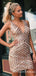 Sexy V-neck Sheath Rose Gold Sequin Short Homecoming Dresses, TYP0049