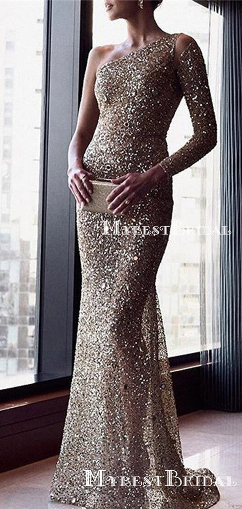 Gegorus One Shoulder Long Sleeves Sparkly Heavy Beading Mermaid Long Cheap Formal Prom Dresses, TYP0139