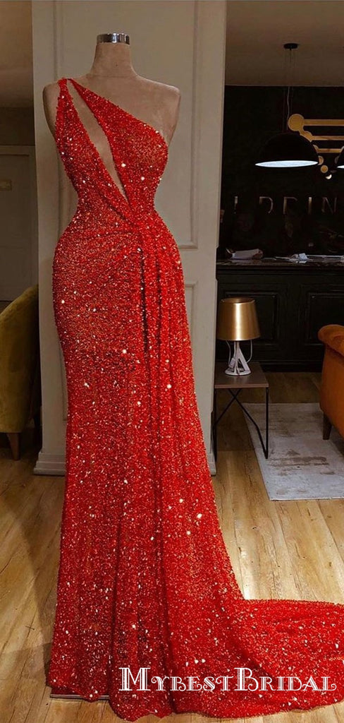 New Arrival Sparkly One Shoulder Open Chest Sleeveless Long Cheap Red Sequin Prom Dresses, TYP0081