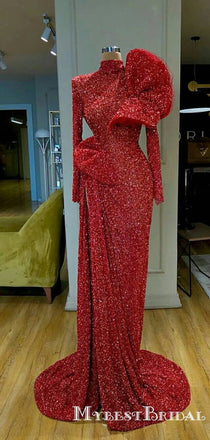 New Arrival Sparkly High Neck Long Sleeves Long Cheap Red Sequin Prom Dresses, TYP0082
