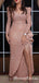 Sparkly Rose Gold Sequin V-neck Long Sleeves Side Slit Long Cheap Prom Dresses, PDS0068