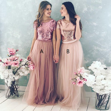 Sequin Bodice Tulle Skirt Cheap Long Bridesmaid Dresses With Sleeves, WGY0284