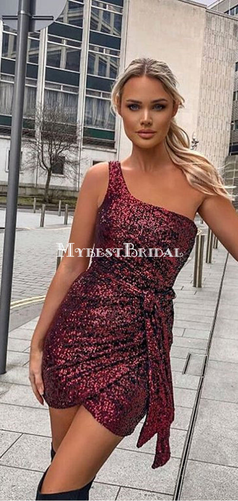Sparkly One Shoulder Burgundy Sequin Short Cheap Homecoming Dresses, HDS0031
