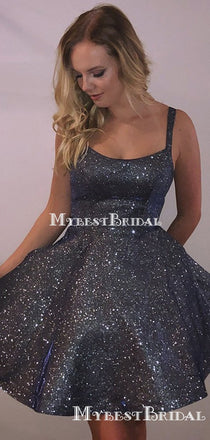 Shiny Spaghetti Straps Dark Navy Blue Sparkly Short Cheap Homecoming Dresses with Pocket, HDS0020
