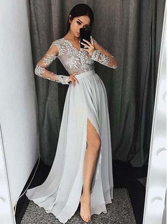 Long Sleeves V-Neck Side Split Silver Long Prom Dresses ,Cheap Prom Dresses,PDY0437