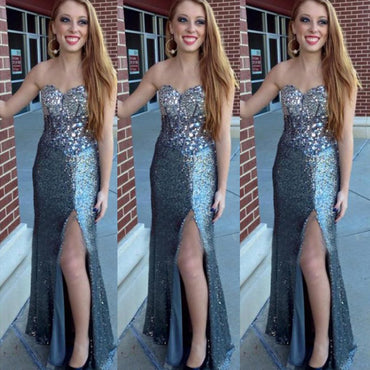 Sweetheart Blue Long Strapless Rhinestone Sequin Floor-length  Prom Dress/Evening Dress,PDY0271