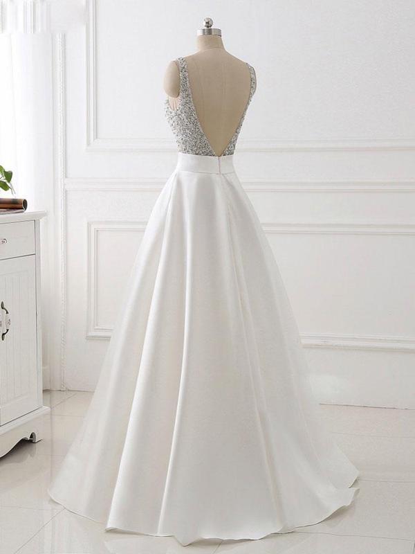 A-line V-neck Beaded White Satin Prom Dresses ,Cheap Prom Dresses,PDY0425