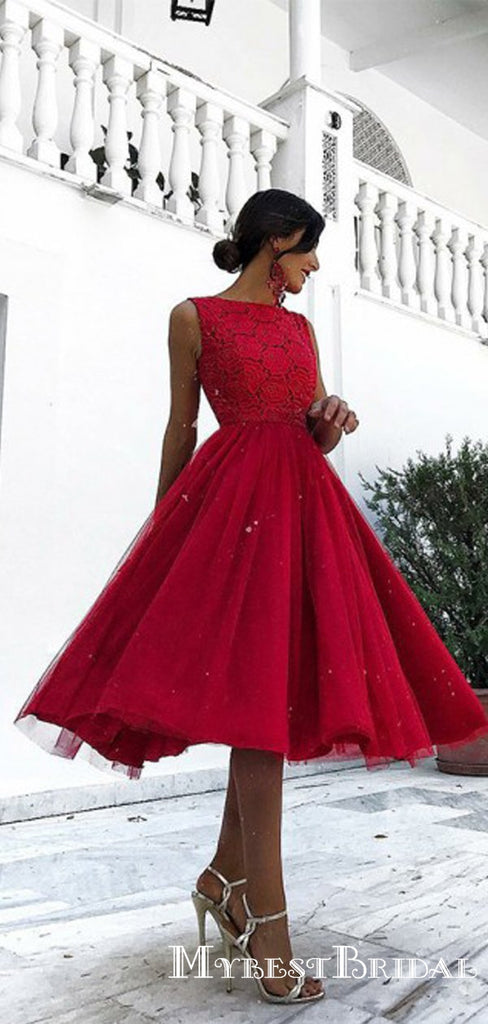 Elegant Newest A-Line Jewel Tea-Length Red Tulle Top Lace Short Cheap Homecoming Dresses, TYP0064