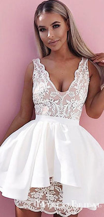 A-Line Deep V-Neck White Satin Homecoming Dresses With Appliques, TYP0055