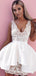 A-Line Deep V-Neck White Satin Homecoming Dresses With Appliques, TYP0055