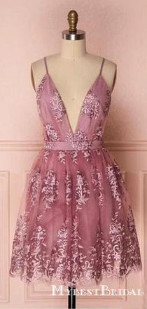 Sexy Charming A Line Deep V Neck Spaghetti Straps Short Cheap Lace Homecoming Dresses, TYP0070