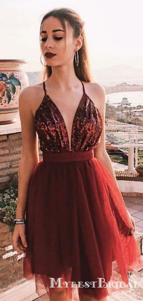 Sexy Burgundy Spaghetti Strap Top Sequin Short Tulle Homecoming Dresses, TYP0042