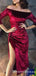 Off The Shoulder Half Sleeves Burgundy Velvet Homecoming Dresses With Split, TYP0058