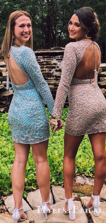 Two Piece Backless Beaded Dusty Pink Homecoming Dresses with Long Sleeves, TYP0044