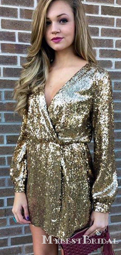 Bling A-Line V Neck Sequin Short Cocktail Party Homecoming Dresses, TYP0057