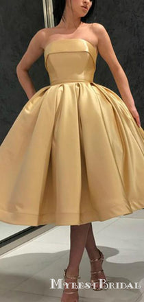 Simple A-Line Strapless Tea-Length Gold Satin Homecoming Dresses, TYP0052
