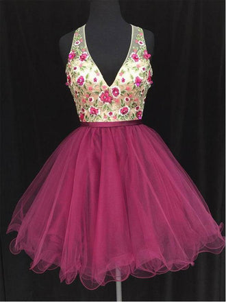 Sexy Open Back V neck Hot Pink Lace Cheap Homecoming Dresses 2018,BDY0240