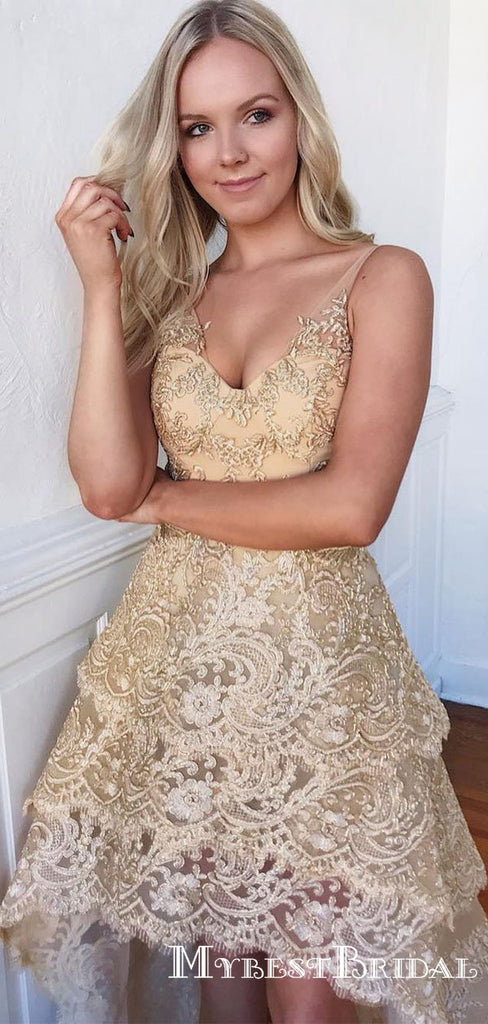 Charming Gold Lace V-neck High-low Short Homecoming Dresses, TYP0047