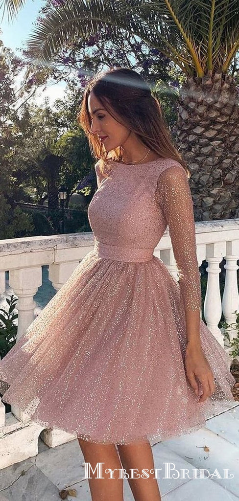 Newest Sparkly Pink Long Sleeve Sequin Short Backless Formal Homecoming Dresses, TYP0068