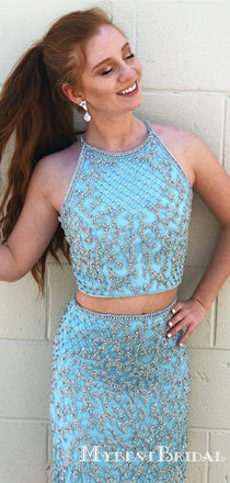 Newest Two Piece Halter Sheath Sky Blue Beading Short Cheap Homecoming Dresses, TYP0065