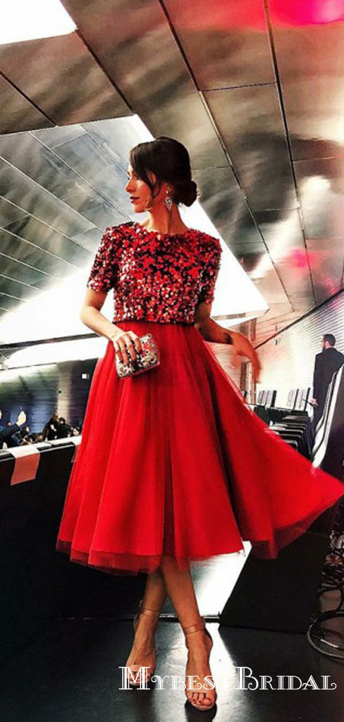 Elegant A-Line Jewel Short Sleeves Red Tulle Tea-length Homecoming Dresses with Sequins, TYP0063