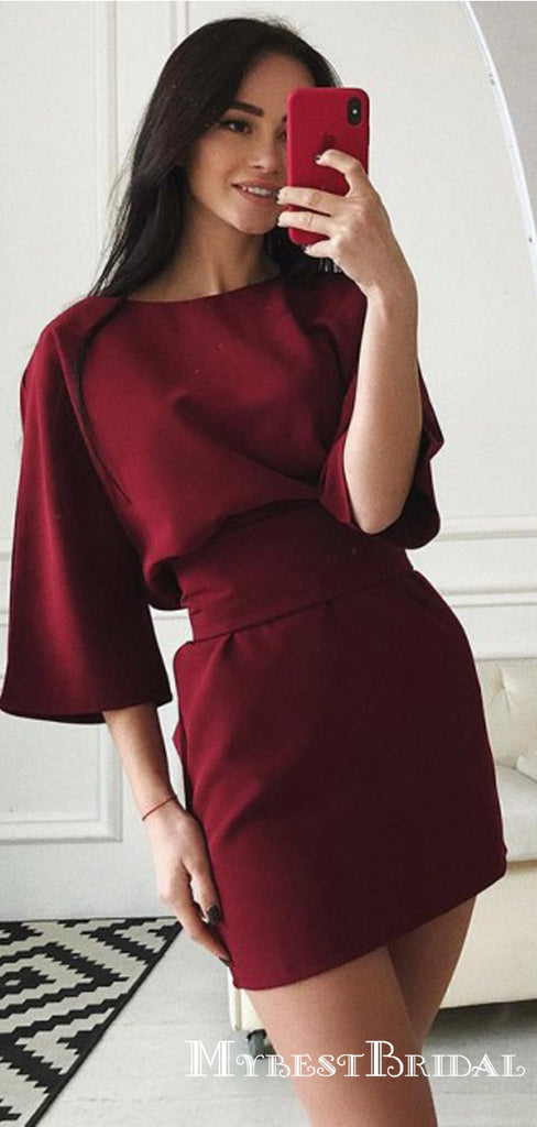Sheath Bateau Wine Satin Party Homecoming Dresses with Sleeves, TYP0030