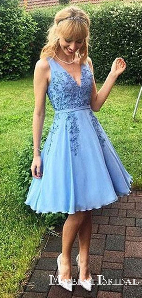 Cute A Line V Neck Blue Chiffon Short Cheap Homecoming Dresses with Applique, TYP0069