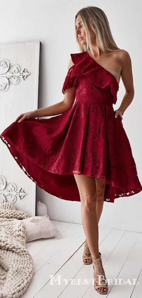 A-Line One-Shoulder High Low Burgundy Lace Homecoming Dresses with Ruffles, TYP0023