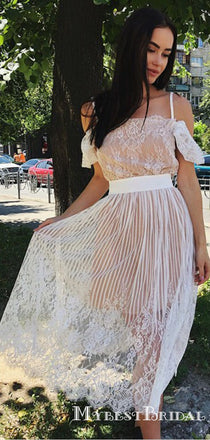 A-Line Cold Shoulder Champagne Lace Party Homecoming Dresses, TYP0029