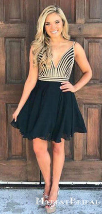 Spaghetti Straps V Neck Short Black Homecoming Dresses With Beading, TYP0060