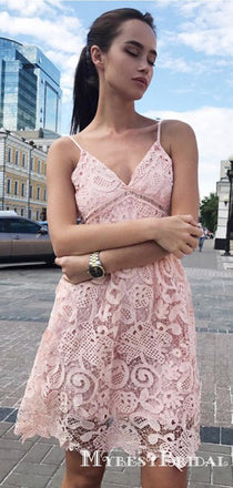 A-Line Spaghetti Straps Short Pink Lace Party Homecoming Dresses, TYP0026