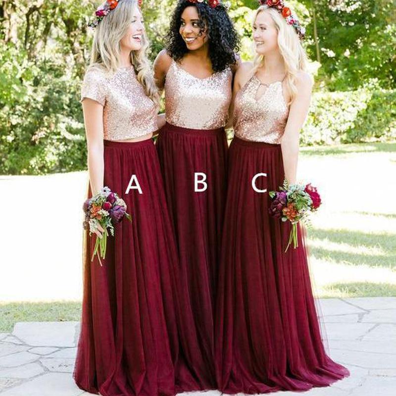 Short Sleeves Gold Sequin Burgundy Skirt A-line Long Bridesmaid Dresses Online, WGY0302