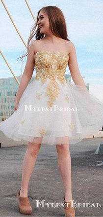Sweetheart Ivory Tulle With Gold Applique A-line Short Cheap Homecoming Dresses, HDS0029