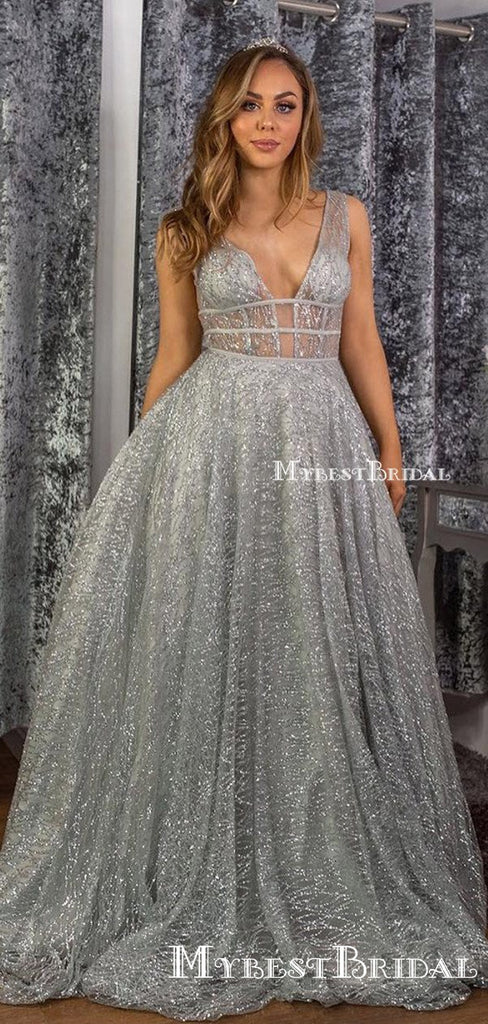 Charming A-Line Silver Sequined V Neck Sparkly  Sexy Party Dress Long Cheap Formal Prom Dresses, PDS0034