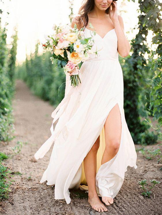 Casual Spahgetti Straps V Neck Side Slit Simple Beach Wedding Dresses, mybestbridal Casual Spahgetti Straps V Neck Side Slit Simple Beach Wedding Dresses, mybestbridal