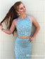 Newest Two Piece Halter Sheath Sky Blue Beading Short Cheap Homecoming Dresses, TYP0065