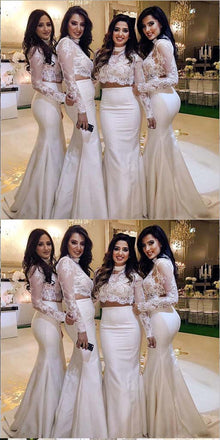 Two Piece High Neck White Satin Bridesmaid Dress with Lace,Cheap Bridesmaid Dresses,WGY0347