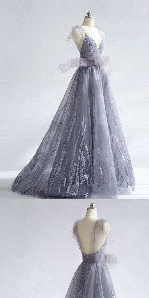 A-line V-neck Grey Tulle Prom Dress With Applique ,Cheap Prom Dresses,PDY0413